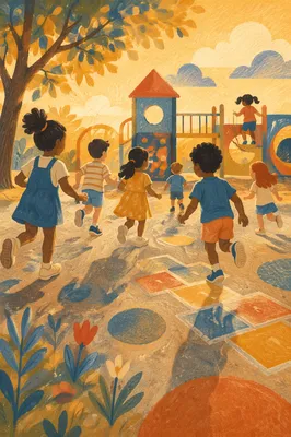 Children Playing Together on Sunny School Playground