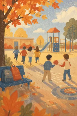 Children Playing on Autumn School Playground