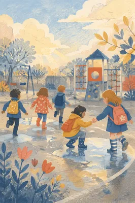 Children Sharing Joy on Rainy Playground