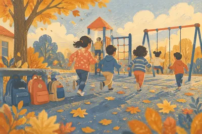 Children Playing on Autumn School Playground