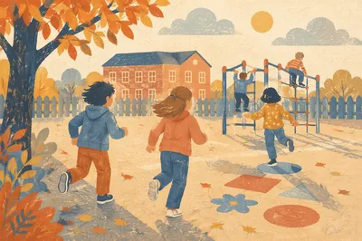 Children Playing on Autumn School Playground
