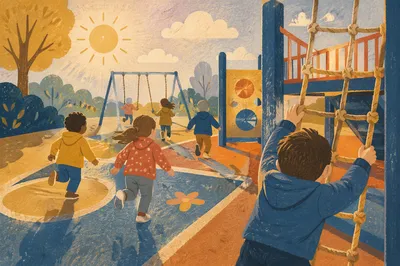 Children Playing on School Playground at Sunrise
