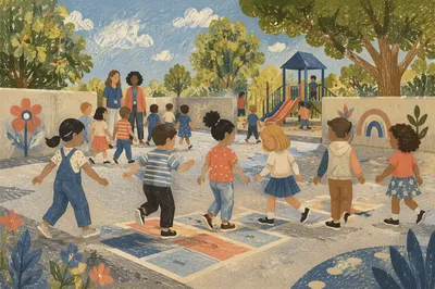 Children Playing Together on Sunny School Playground