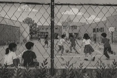 Children Playing Behind School Playground Fence