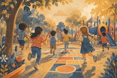 Children Playing Together on Sunny School Playground