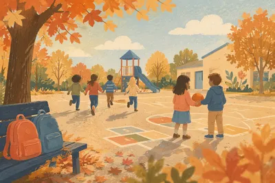 Children Playing on Autumn School Playground