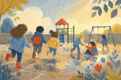 Children Sharing Joy on Rainy Playground