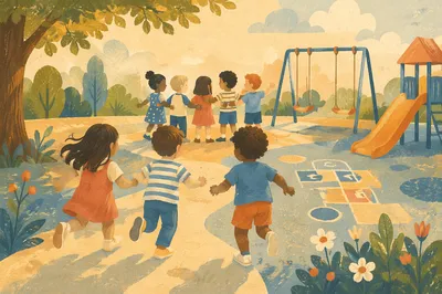 Children Running Toward Playground Friends