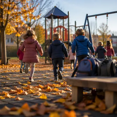 Children Playing on Autumn School Playground