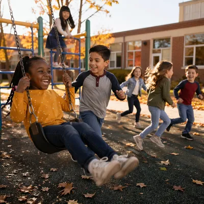 Children Playing on Autumn School Playground