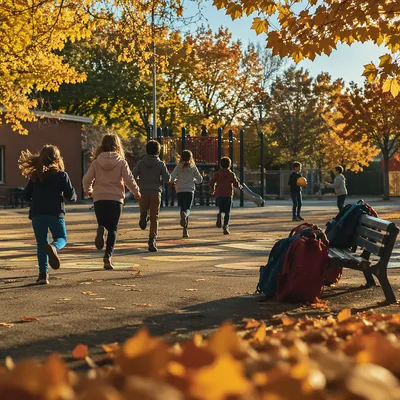 Children Playing on Autumn School Playground