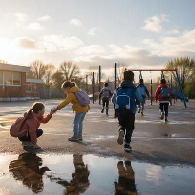 Children Sharing Joy on Rainy Playground
