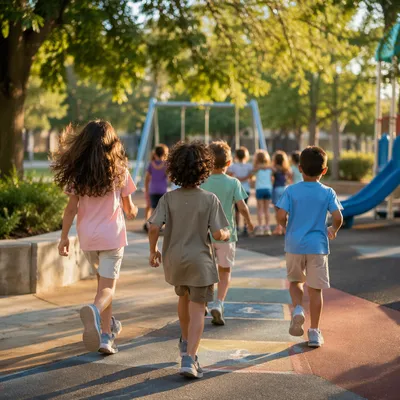 Children Running Together on School Playground