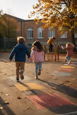 Children Playing on Autumn School Playground