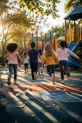 Children Playing Together on Sunny School Playground