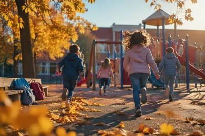 Kids Playing on Autumn School Playground