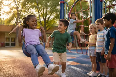 Children Playing on Sunny School Playground