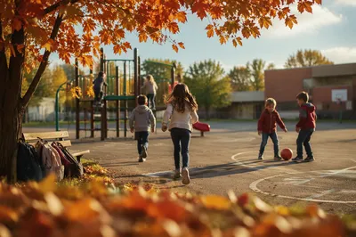Children Playing on Autumn School Playground