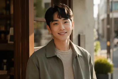 Friendly Young Korean Man at Cafe Doorway