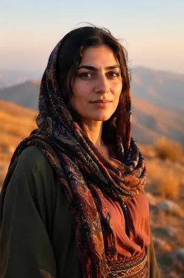 Kurdish Woman Portrait on Hillside at Golden Hour