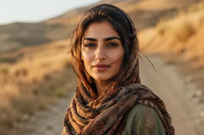 Confident Kurdish Woman on Hillside Path