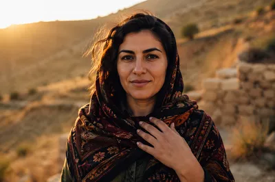 Kurdish Woman Portrait on Hillside at Golden Hour