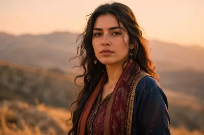 Kurdish Woman Portrait on Golden Hillside