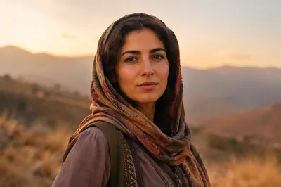 Confident Kurdish Woman on Hillside at Sunset