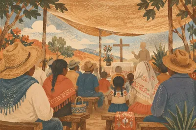 Outdoor Village Church Service at Sunset