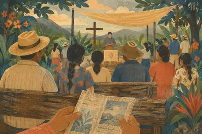 Rural Outdoor Church Service in Tropical Clearing