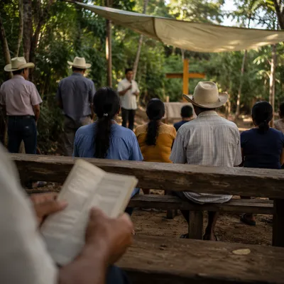Rural Outdoor Church Service in Tropical Clearing