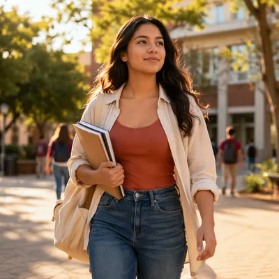 Confident Latina Student Walking on Campus