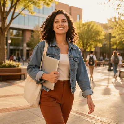 Confident College Student Walking Across Campus