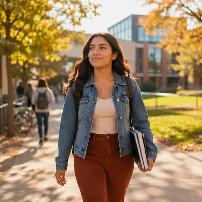 Confident Latina Student Walking on Campus