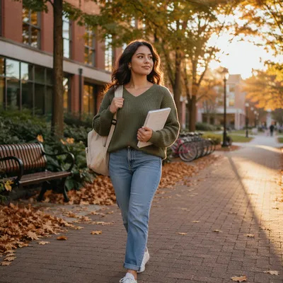 Confident Latina Student Walking on Campus