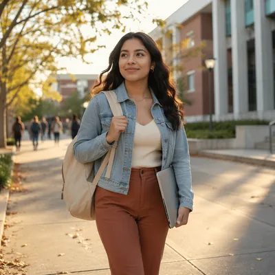 Confident Latina Student Walking on Campus
