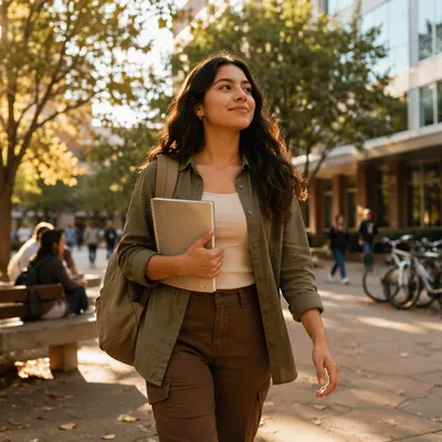 Confident Latina Student Walking Across Campus