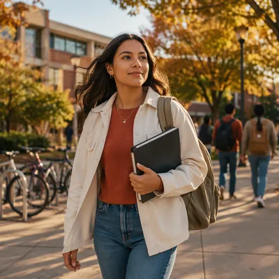 Confident Latina Student Walking on Campus