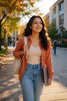 Confident Latina Student Walking on Campus