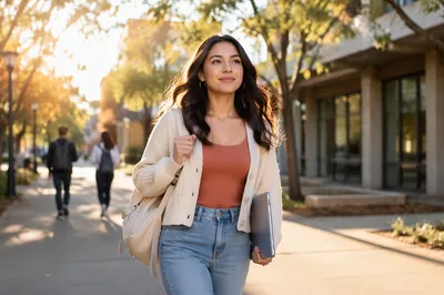 Confident Latina Student Walking on Campus