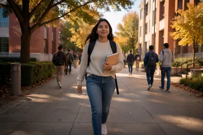 Confident Latina Student Walking Across Campus