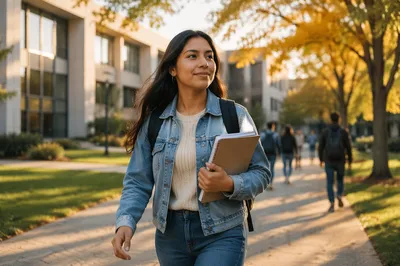 Confident Latina Student Walking on Campus