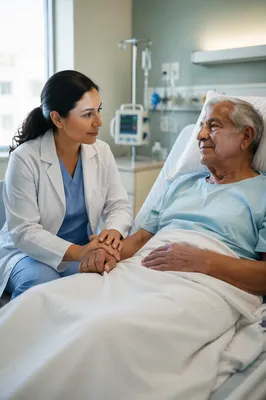 Latina Doctor Comforting Elderly Patient in Hospital