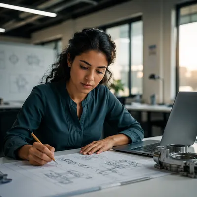 Focused Engineer Reviewing Technical Drawings