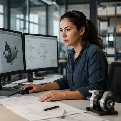 Focused Latina Engineer at Design Workstation