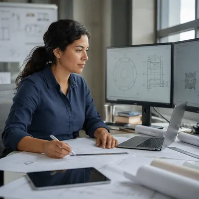 Focused Latina Engineer at Modern Workstation