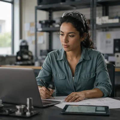 Focused Engineer Reviewing Technical Drawings