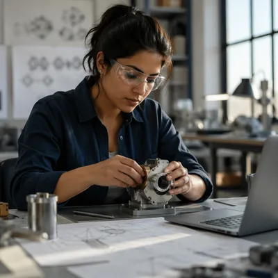 Focused Engineer Examining Mechanical Prototype at Desk