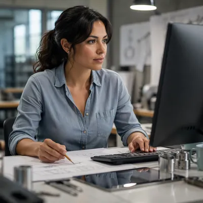 Focused Latina Engineer at Design Desk