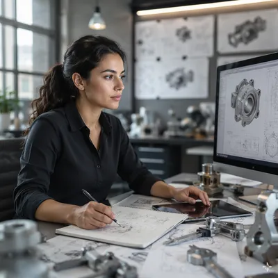 Focused Latina Engineer at Design Workstation